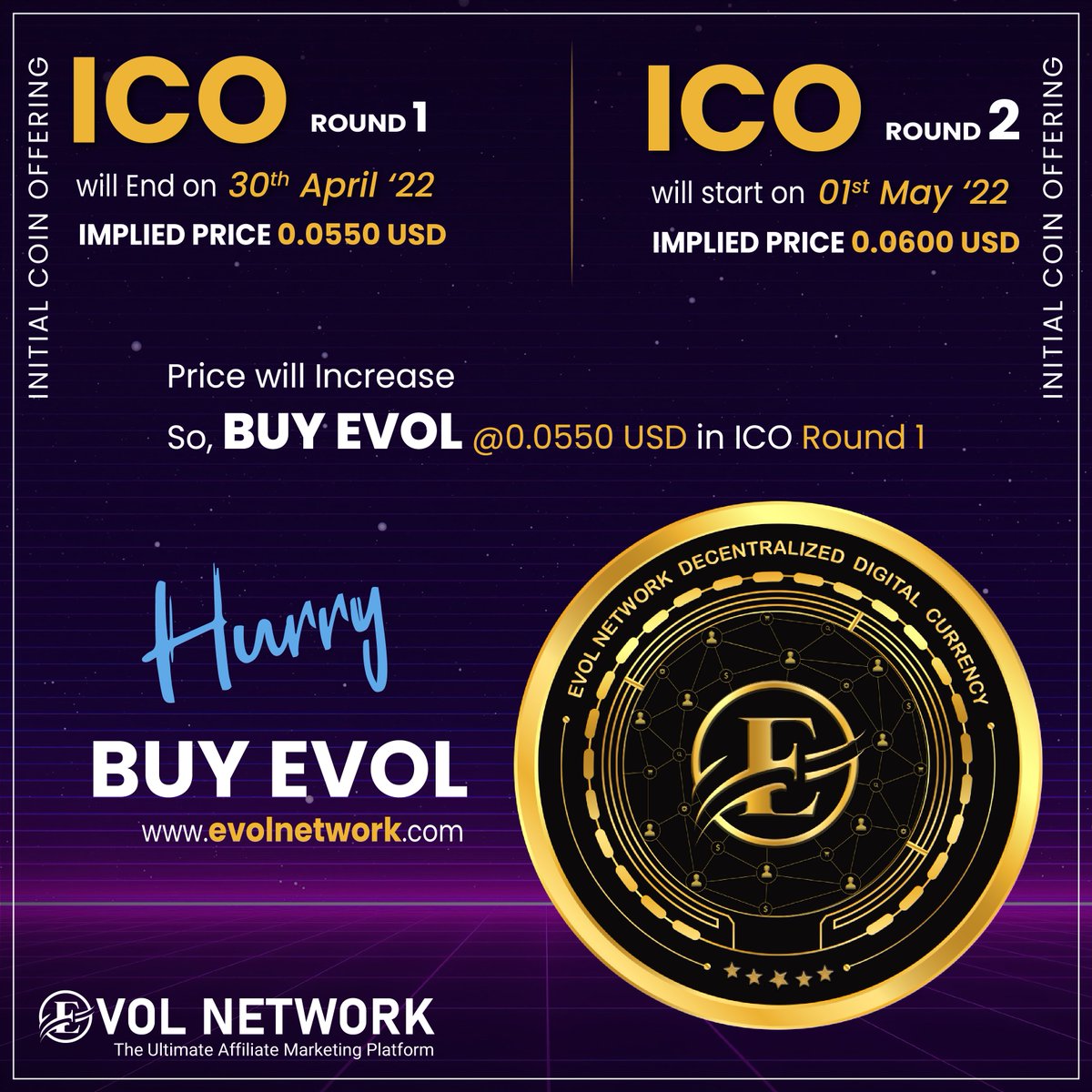 evolnetwork's tweet photo. Limited time left for ICO Round 1 to end!

You have only a few days left to buy EVOL for just 0.0550 USD, the price will be 0.0600 USD from 1st May.
Make the most of the chance, invest now and get a profit straight away.

Buy now at https://t.co/X2BiaBEHGO. https://t.co/P6W6i2uKu3