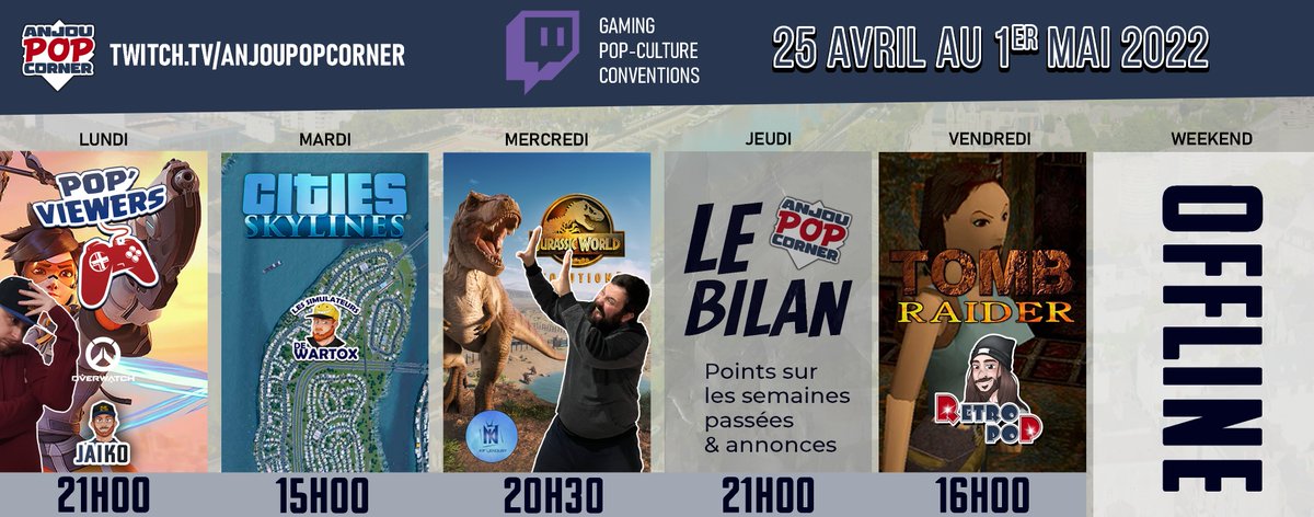 Anjou_popcorner's tweet photo. Bon matin à tous ! Voici notre programme pour cette dernière semaine d'avril ! Retrouvez-nous tous les jours de la semaine - Jeudi petit bilan pour vous parler de la suite - ça va streamer dur ! avec @WarT0XFR @Kerema_san @KifLeNouby @JaikoLive @vanhlad et @thodalf ! #Twitch https://t.co/1fTvOhcsCr