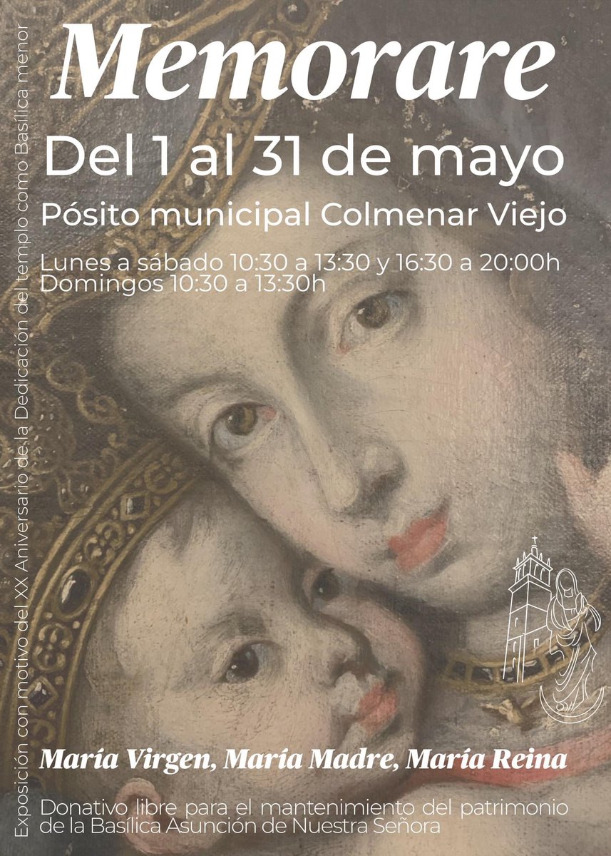 BasilicaColmen's tweet photo. Exposición con motivo del XX Aniversario de la Dedicación del templo como Basílica menor.

La exposición se propone llamar la atención del público, e ilustrar sobre la vida de María.

Durante todo el mes de mayo en el pósito municipal de Colmenar Viejo.

https://t.co/jynA6ofB8R https://t.co/D7nGAlrtX6