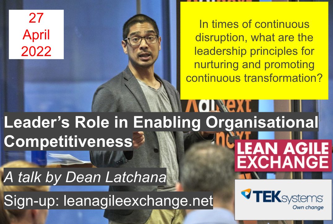 The clock cycle of change is ever increasing. How can we and our organisations take advantage by offering new value to our customers and stakeholders?

Join my talk to find out on 27 April at Lean Agile Exchange: leanagileexchange.net

This is a TEKsystems talk

#leanagilex