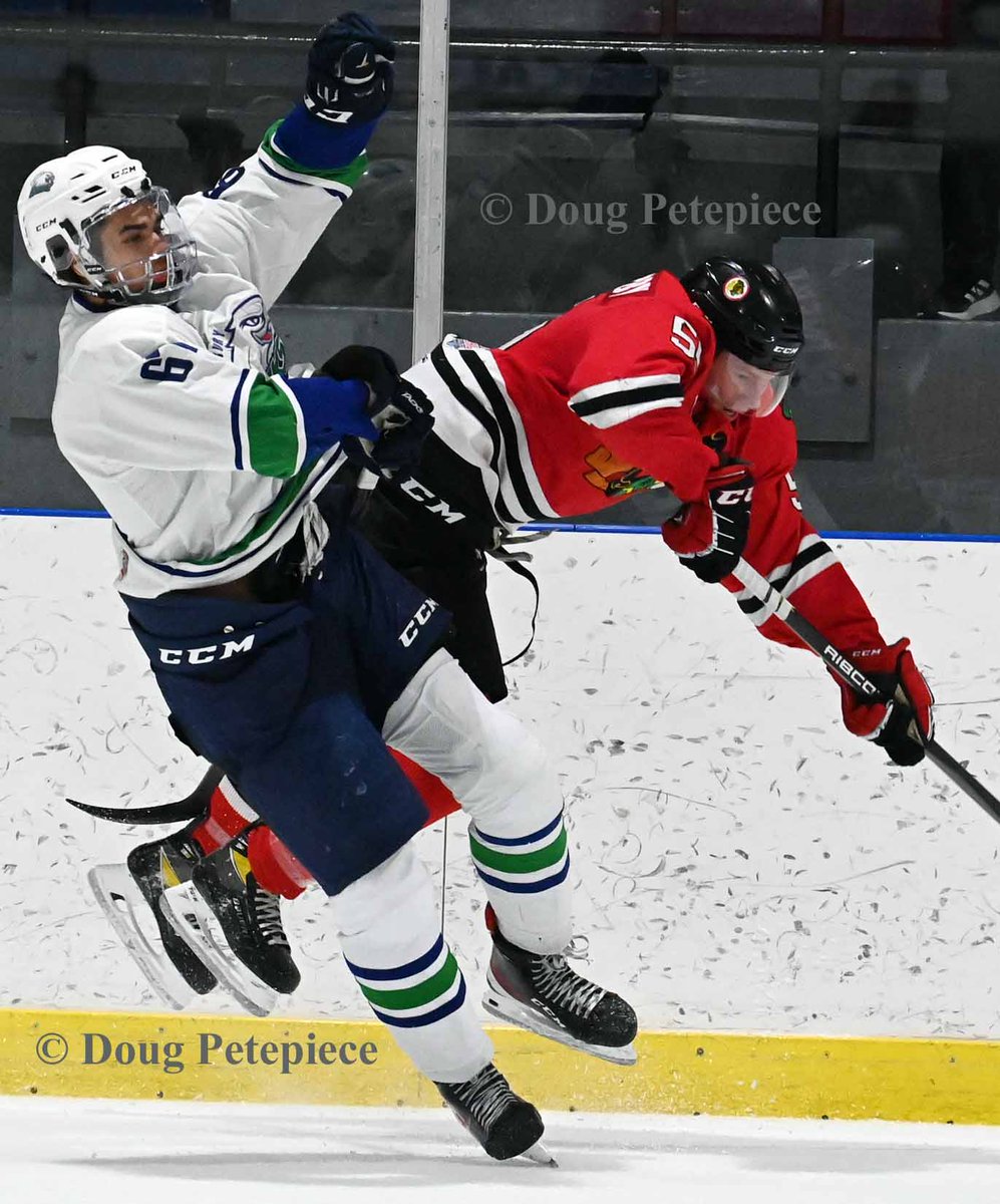 <a href="/hawkesburyhawks/">Hawkesbury Hawks</a>    Kerfalla Toure collides with <a href="/BrockBraves/">Brockville Braves</a> Reece Glover-Kirby in <a href="/TheCCHL/">The CCHL</a> action at Robert Hartley Arena