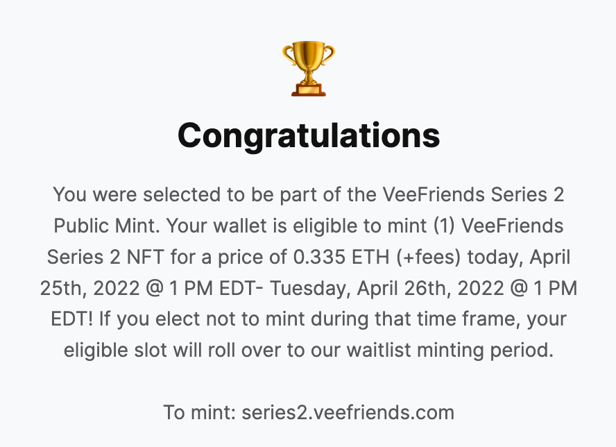 Great news to start the week everyone! <a href="/veefriends/">VeeFriends</a> and <a href="/garyvee/">Gary Vaynerchuk</a> here we go...

#NFTs #VeeFriendsSeries2