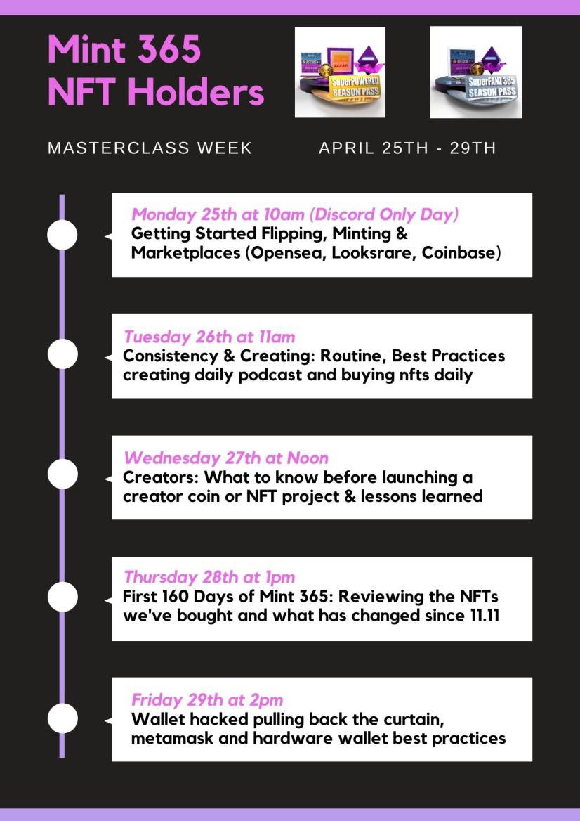 NFT365podcast's tweet photo. NFT Masterclass being offered to discord members and NFT365 nft holders all week! Make sure to join the discord to find out how to get access to register for this virtual event and intimate training 🧢 https://t.co/pKy0actvIg