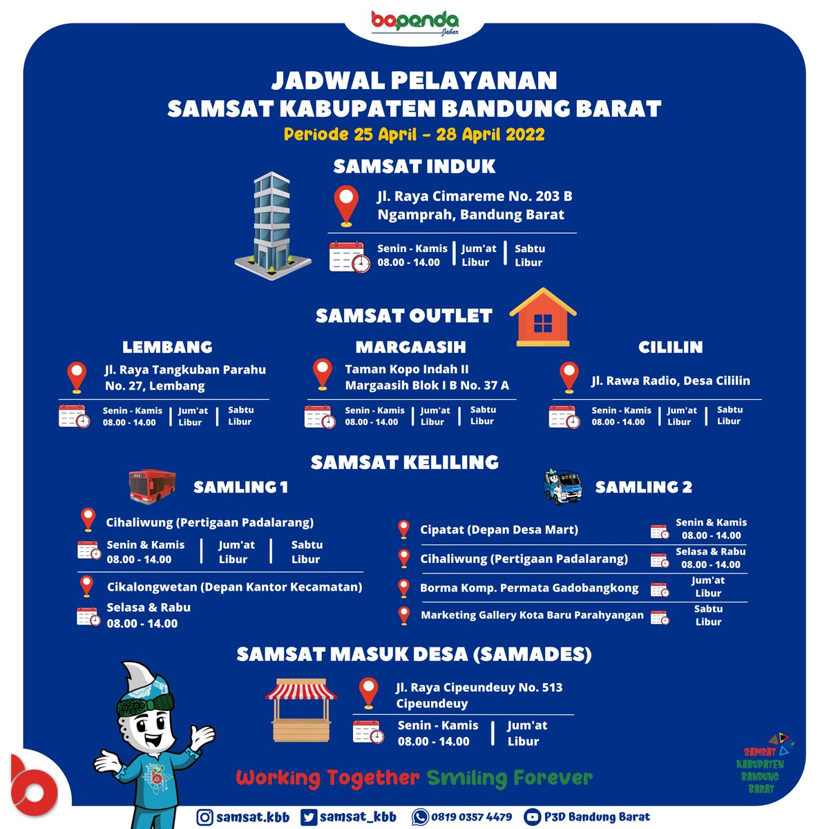 samsat_kbb's tweet photo. Wilujeng enjing Baraya Samsat KBB 😬
Berikut jadwal Pelayanan di Samsat Kabupaten Bandung Barat periode 25 April - 28 April 2022
Tetap patuhi protokol kesehatan dengan menerapkan 6M ya baraya 😊
@ridwankamil
@uuruzhan
#JabarJuara
#BapendaJabar
#WorkTogether
#SmilingForever https://t.co/FvoGYvjxls