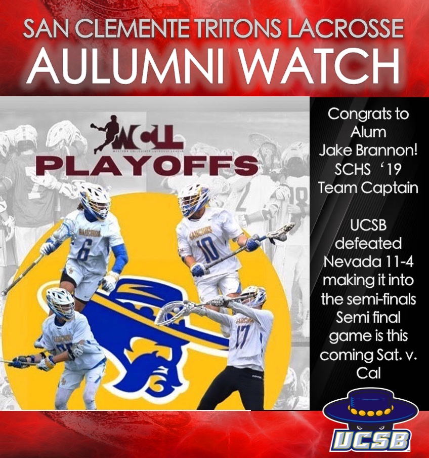 schs_lax's tweet photo. Congrats to alum Jake Brannon - @bugattibrannon, SCHS Class of '19 &amp; Team Captain!

@ucsblacrosse upset Nevada 11-4 earning them a trip to the WCLL Semi-Finals.

Next game is Sat. v Cal. Schedule will be posted here: https://t.co/rFiqzqi714
@SanClementehigh @tritontimes #lacrosse https://t.co/Gvl61iQF8X