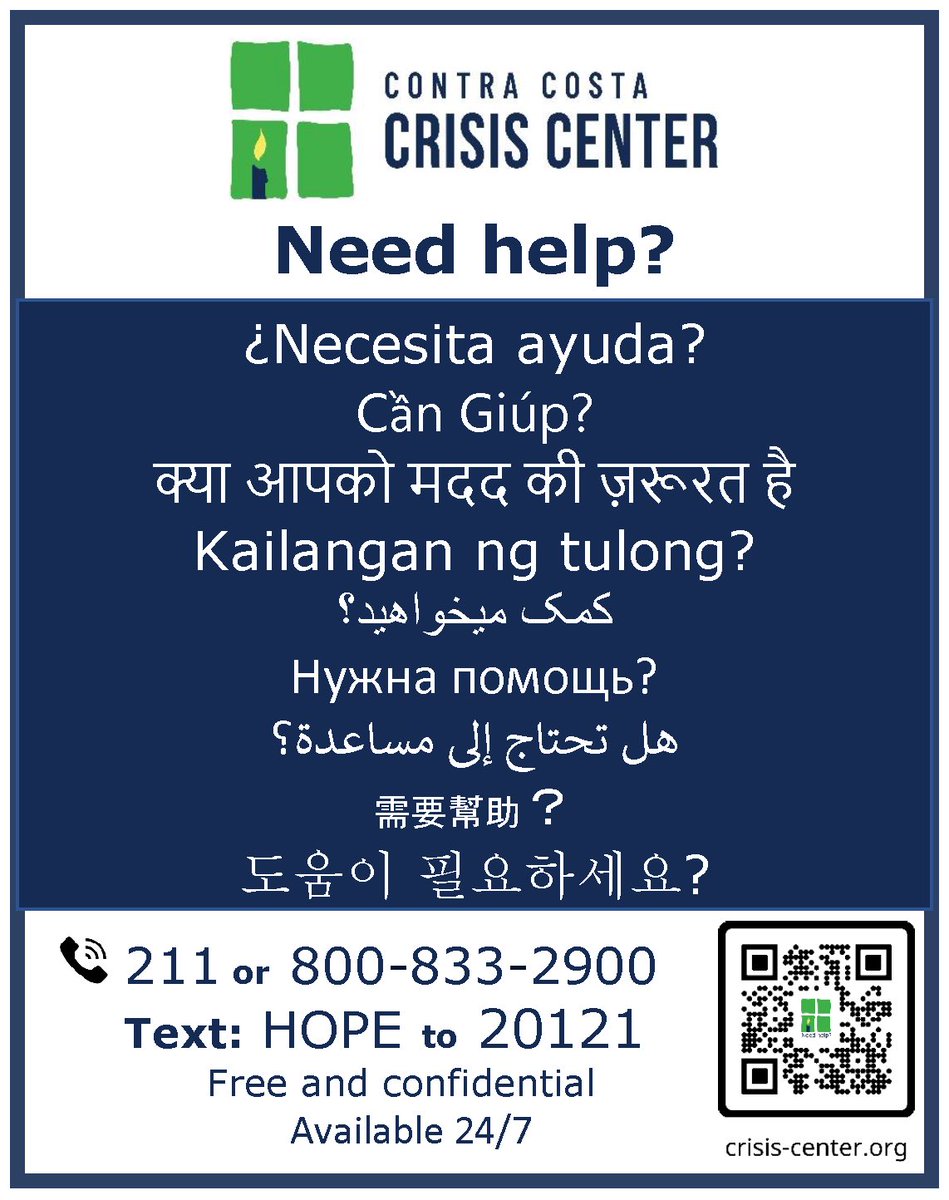 CCCrisisCenter's tweet image. We are here to listen &amp;amp; help 24/7. If you are in crisis or are concerned about someone having a mental health crisis, you can call 211 or text HOPE to 20121 to be connected to a crisis counselor or local resources.
#ContraCostaCrisisCenter #WithHelpComesHope #MentalHealthMatters