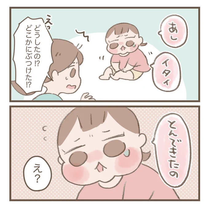 そっか…とんできたのか…2歳児の発想がかわいすぎる。#育児絵日記 #育児漫画 #ほっぺちゃん絵日記 #漫画が読めるハッシュタグ 