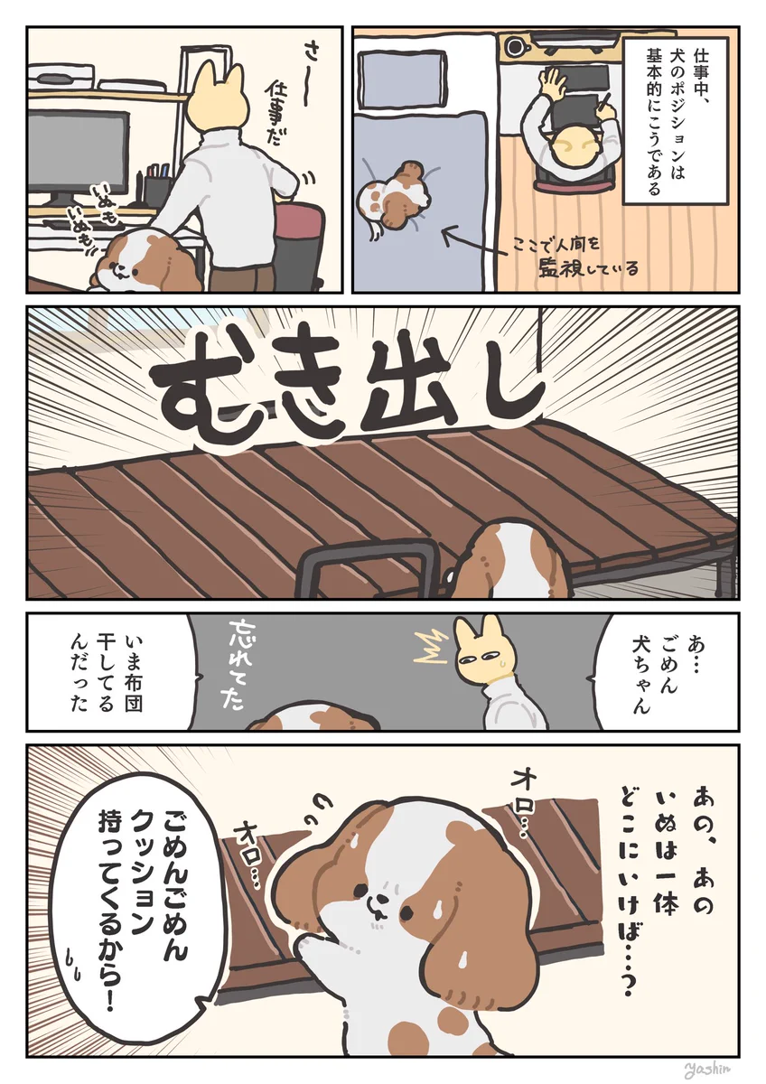 普段は布団の上からお仕事中の飼い主さんを見守っているわんこ！しかしこの日は布団を干していて･･･！