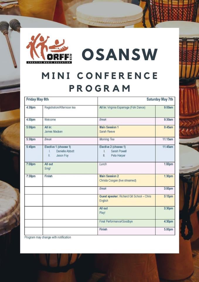 Join us for our Mini Conference on May 6-7 at The Richard Gill School, Muswellbrook!

More details: orffnsw.org.au/courses-upcomi…

#aussieED
#MusicED
<a href="/asmensw/">asmensw</a> 
#musiceducation
#singmoveplay #FAceToFace 
<a href="/ptcnsw/">PTC NSW</a>