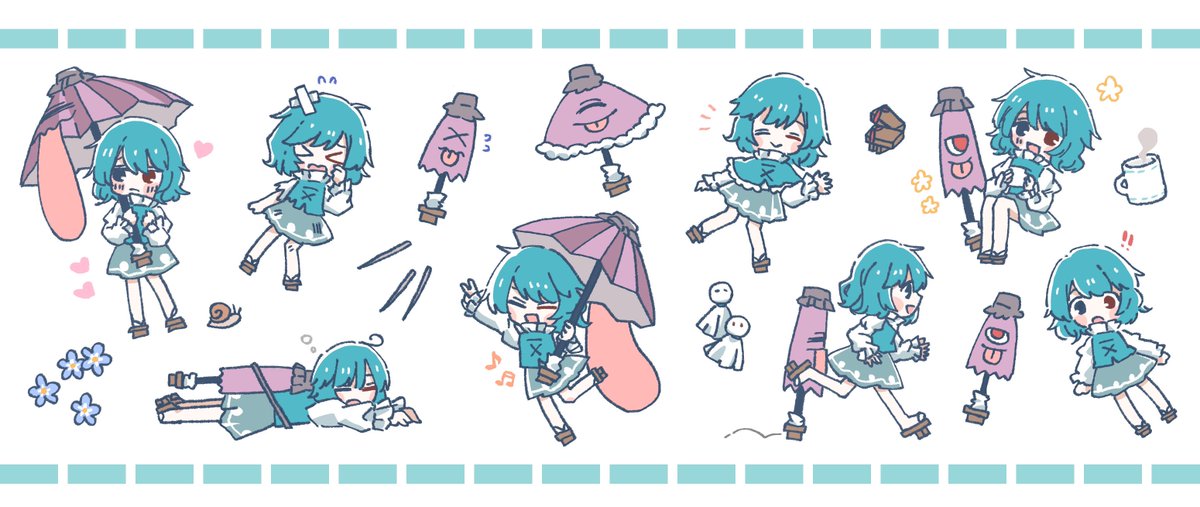 tatara kogasa 1girl umbrella blue hair heterochromia geta red eyes long sleeves  illustration images