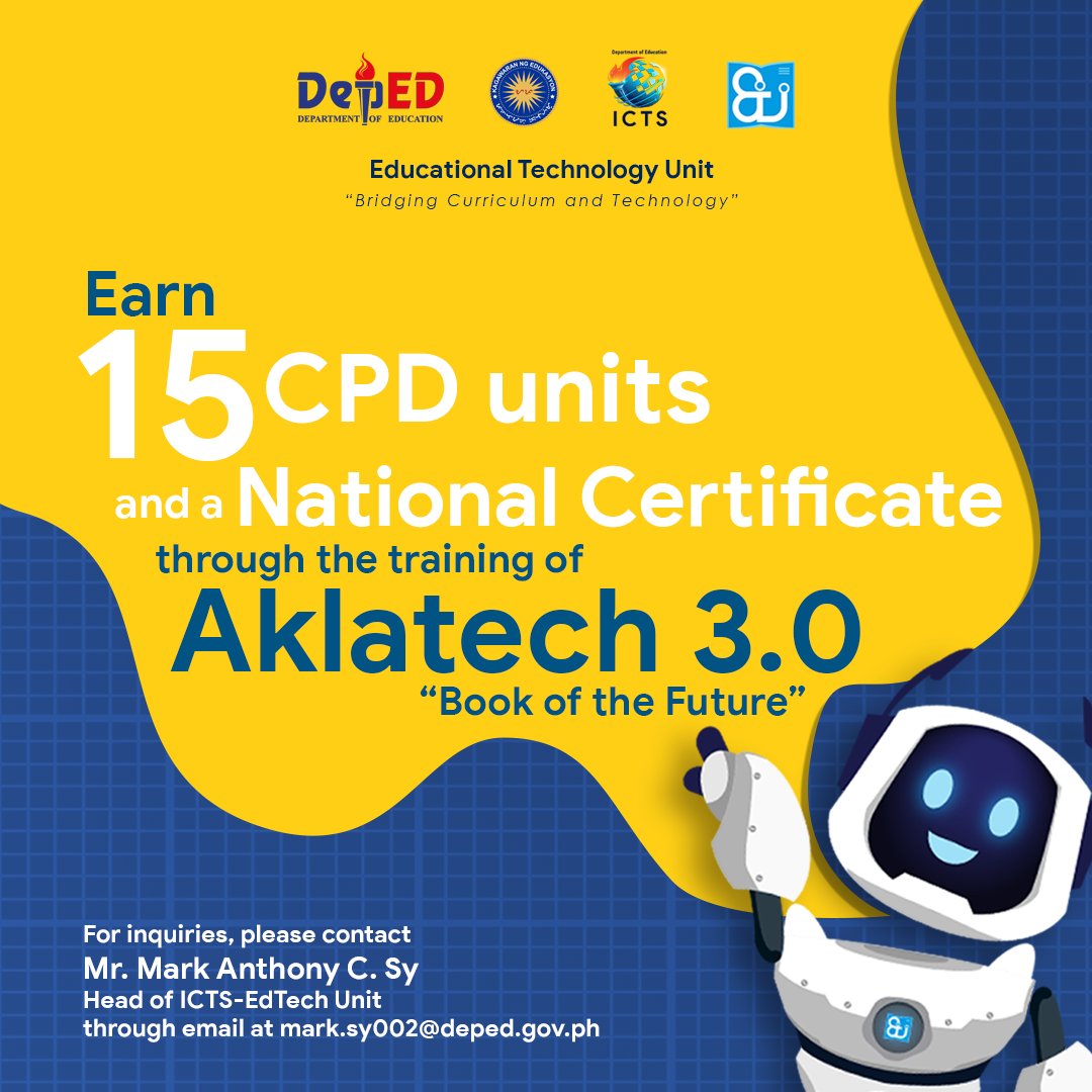DepEdEdTechUnit's tweet photo. UPDATE｜As a CPD provider, the DepEd ICTS, through the EdTech Unit, is pleased to announce that the training of Aklatech 3.0: Book of the Future will be providing 15 CPD Units on top of a national certificate for its participants! https://t.co/25QVyvdba5