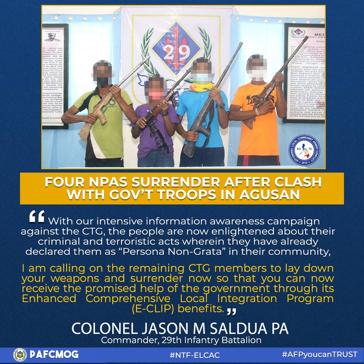 BALITA: AGUSAN DEL NORTE-Apat na miyembero ng NPA, boluntaryo nang sumuko sa gobyerno.

Basahin: mb.com.ph/2022/04/24/due…

#AFPyoucanTRUST