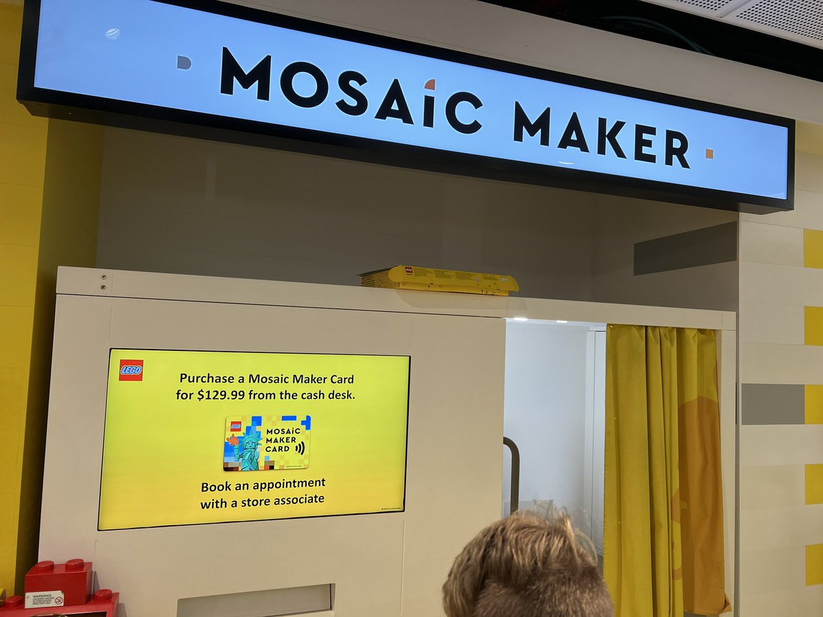 revering's tweet photo. Lego store in NYC has a perfect example of in store marketing. The Mosaic Maker answers the most FAQs. How does it work, how long does it take, how big, how much? https://t.co/EJXoK1rPYF