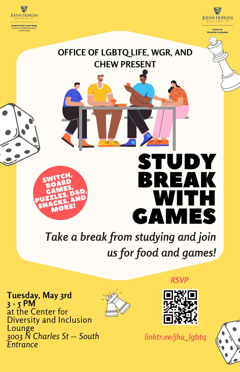 The office of LGBTQ Life, CHEW, & WGR are hosting an end of the semester Game Event in the CDI lounge (3003 N Charles St.- South Entrance)! We'll have food, puzzles, D&D, Switch games, and more! RSVP for this event here: linktr.ee/jhu_lgbtq