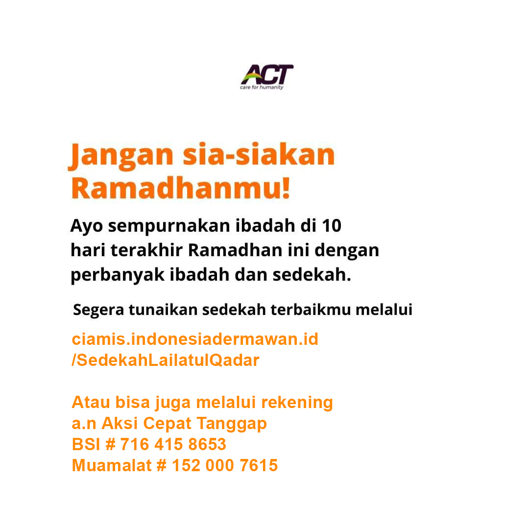 Jika hari ini adalah Ramadhan terakhirmu, apa yang akan kamu lakukan?

Bersedekahlah Sahabat... Apalagi yang bisa kita lakukan? Bersedekahlah...

ciamis.indonesiadermawan.id/publik/Sedekah…