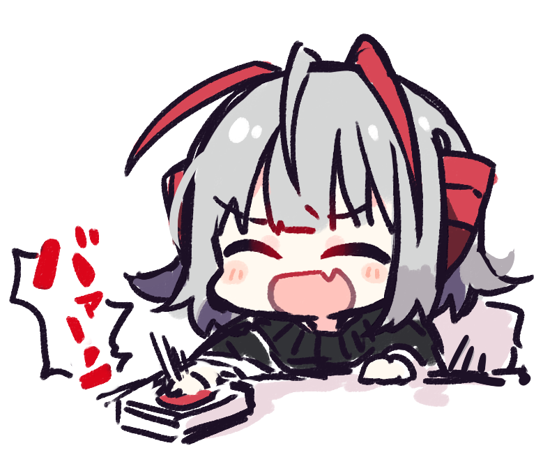 w (arknights) 1girl solo red eyes horns grey hair open mouth chibi  illustration images