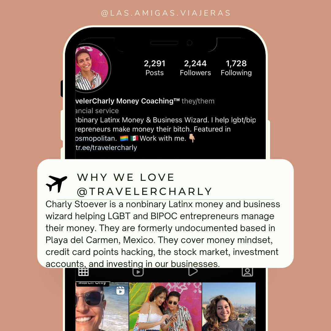 amigasviajeras's tweet photo. Today we are highlighting @travelercharly. Charly is a nonbinary Latinx money &amp; business wizard helping LGBT and BIPOC entrepreneurs manage their money. They are formerly undocumented based in Mexico. They cover money mindset, credit card points hacking, &amp; the stock market. https://t.co/NjMZc1rLyj
