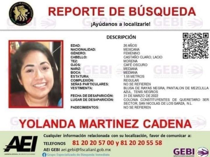 Angie_cinnamon's tweet photo. Siento que no pudimos hacer lo que hubiéramos querido por #DebahniEscobar, pero aún nos quedan muchas por las cuales esforzarnos. Yolanda Martínez es de Nuevo León, como lo era Debanhi; y a ella la esperan en casa su pequeña hija y su papá. 

Tenemos que encontrarla, https://t.co/BYgwZxx7JV