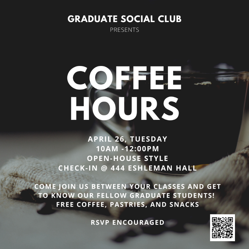 FREE FOOD AND COFFEE!!! Join the GA for Coffee Hours tomorrow 4/26 from 10am-12pm! Check in at the GA offices at 444 Eshleman Hall!