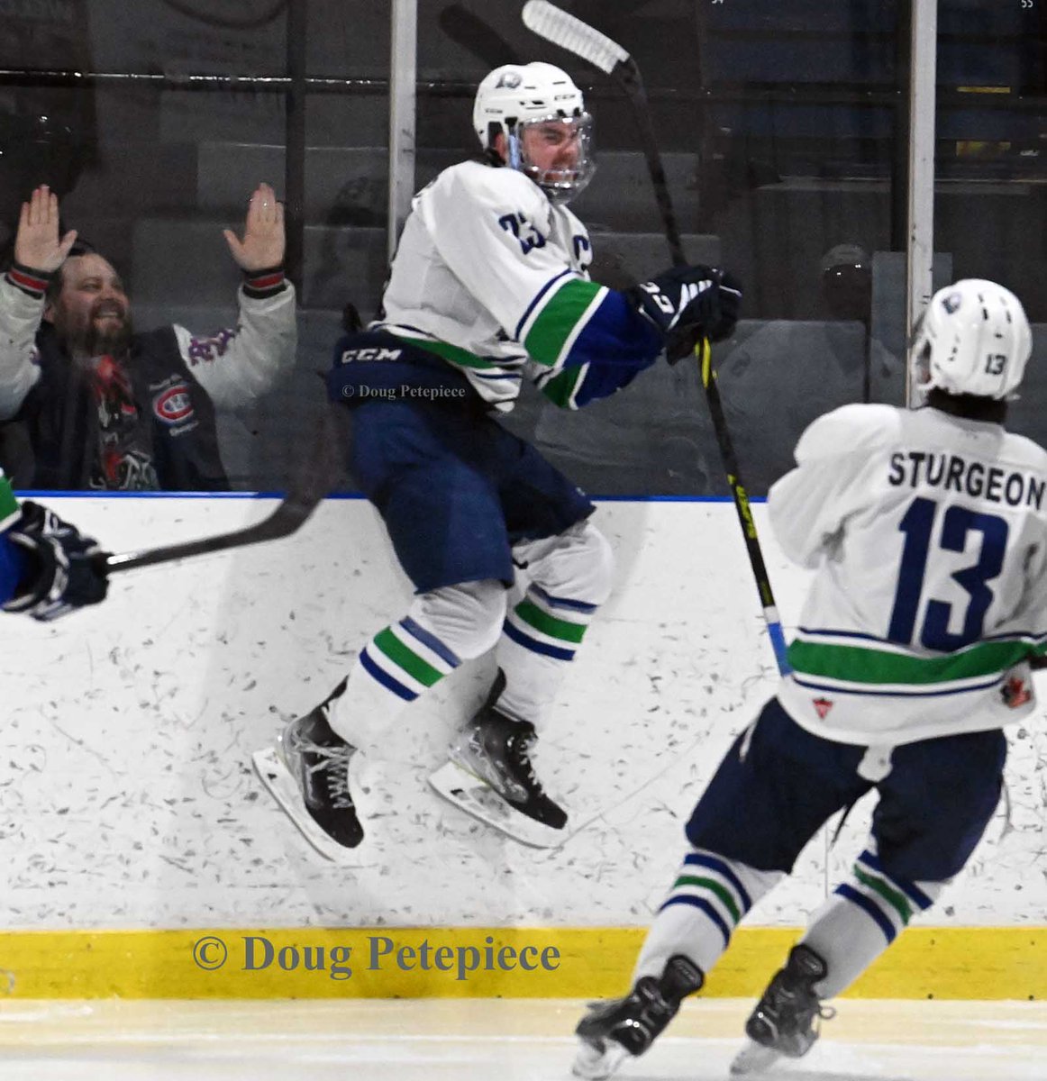 <a href="/RickDorval/">Rick Dorval</a>'s <a href="/hawkesburyhawks/">Hawkesbury Hawks</a> Captain Mark Cooper <a href="/_markcooper4/">Mark Cooper</a> jumps for joy(while fans react) after scoring in <a href="/TheCCHL/">The CCHL</a>  Double Overtime Game 1 victory over <a href="/BrockBraves/">Brockville Braves</a> Hawks took the 4-3 win with a "Never Say Die" attitude #BogartCupPlayoffs