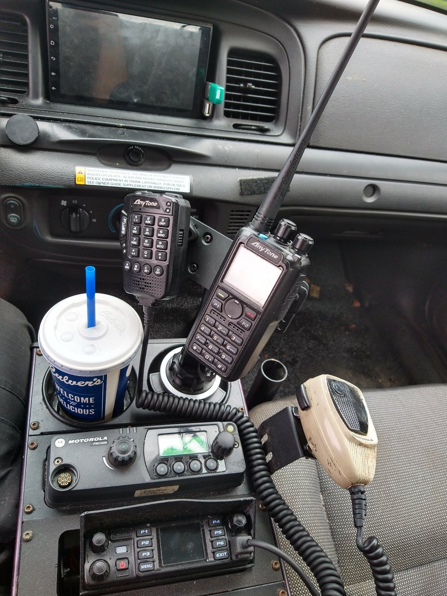 kd8bxp's tweet photo. After about a month or so of me moving the center console arrangement of radios, and cup holders in the old #CVPI Crown Vic, I do like the arrangement, I've gotten use to it. & I've decided to start carrying the HG-UV98 #APRS radio & use #AprsDroid #Anytone #Motorola #hamRadio https://t.co/g8V1REnr59