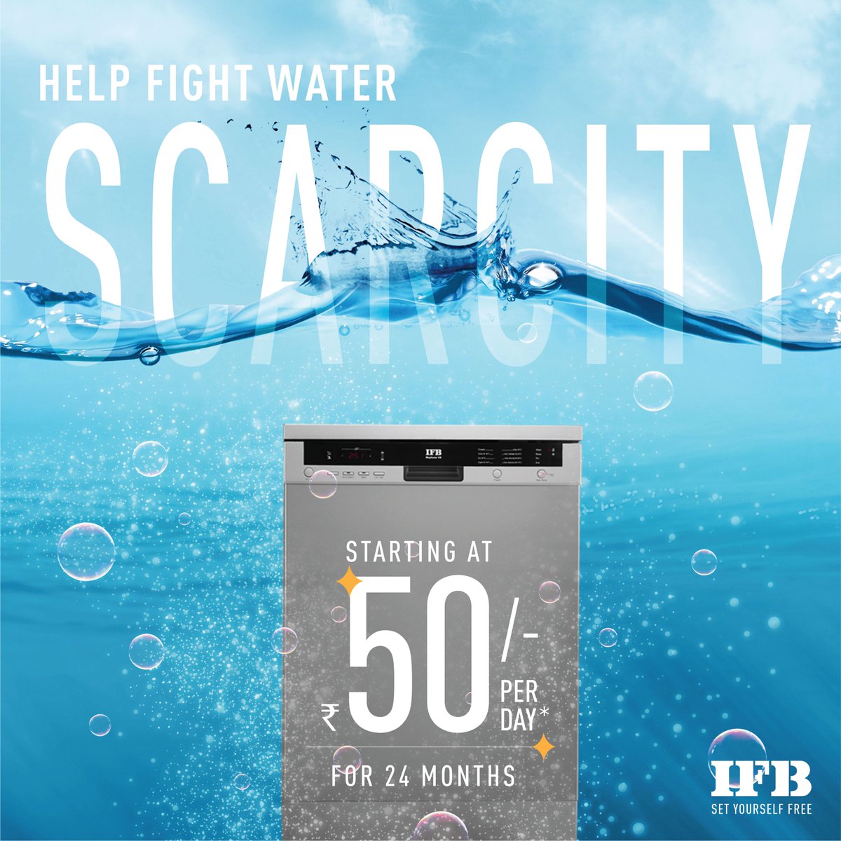 Help us help you in protecting the environment.
When compared to traditional washing, the IFB Dishwasher saves 40% more water. Now is your chance to help fight water shortage for just Rs. 50 a day for 24 months. Hurry!
#IFBAppliances #Dishwasher #SaveWater #SetYourselfFree
