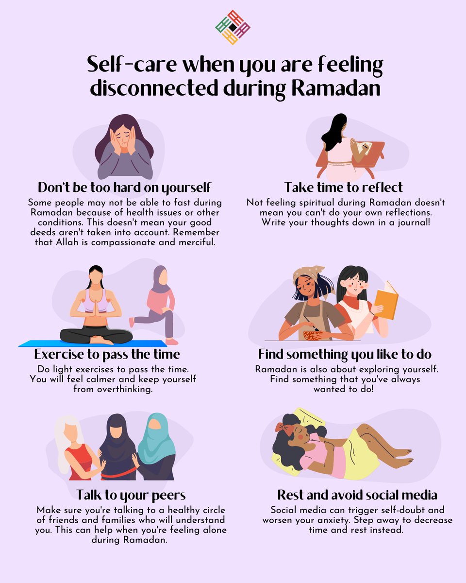 musawah's tweet photo. If you haven’t been feeling connected 😞 to Ramadan this year, unlike the rest of your friends & families, don’t let it get to you. Those feelings are valid and not uncommon. ❤️
💫 You can do various activities to help you reconnect and reflect.
#ramadan #selfcare #musawah https://t.co/U7dtuoUpGt