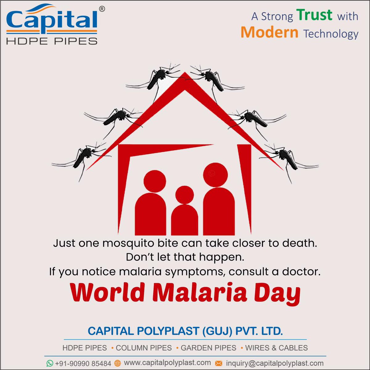 GujCapital's tweet photo. CAPITAL POLYPLAST (GUJ) PVT. LTD.

"World Malaria Day"

#capitalpolyplast #hdpepipe #roundpipe #blackpipe
#borewellpipe #undergroundpipe #gardenpipe #flexiblegardenpipe #colourvirginpipe #universalgardenpipe #heavydutygardenpipe #submersibleflatcable #servicecable #twinflatcable https://t.co/gCe00MiCpJ