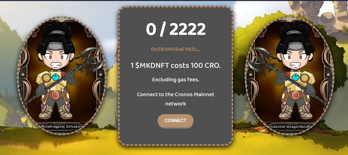 MetakingdomD's tweet image. Our NFT minting is live again 🎉

✳️Collection size : 2222

✳️ Network : CRONOS

✳️Mint price : 100 CRO

✳️Minting link : metakingdomdefendersnft.com