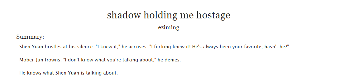 #moshangarchiverec
Fanfiction
🔷holding me hostage
🔹by eziming
🔹under 5K , completed, SFW

archiveofourown.org/works/37184257