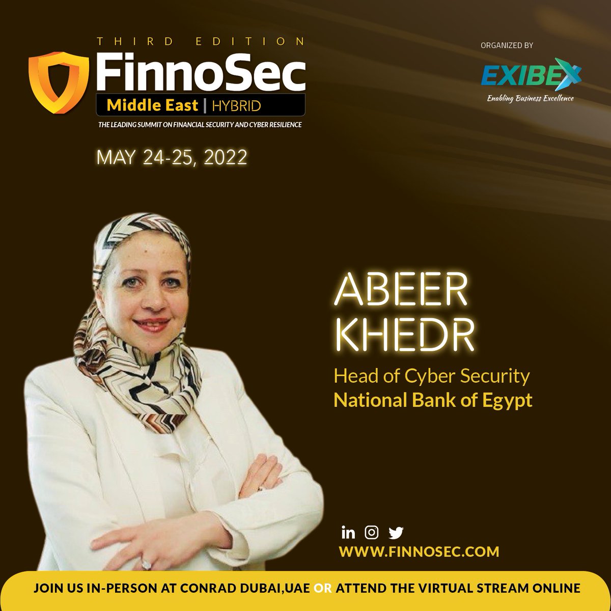 finnosec's tweet photo. #MeetOurSpeaker #Finnosec Speaker Announcement!!!

It is with excitement that we announce Abeer Khedr || Head of Cyber Security, National Bank of Egypt (NBE) as a speaker at this year’s Hybrid edition of the FinnoSec #MiddleEast 2022 Summit. https://t.co/z9JYQ08RNU