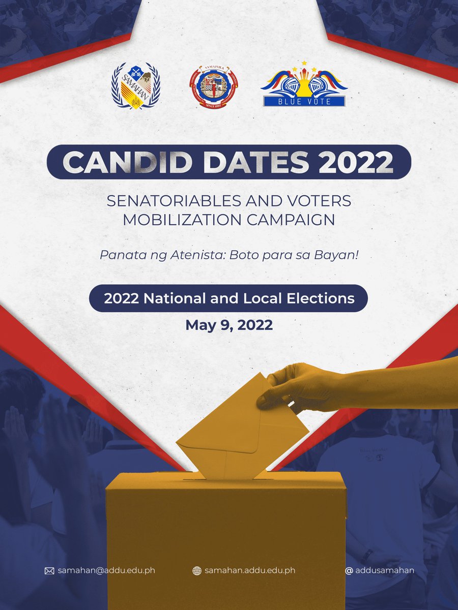 addusamahan's tweet photo. SAMAHAN - in partnership with AdDU Blue Vote and SAMAPULA - brings you CANDID DATES 2022: Senatoriables and Voters Mobilization Campaign.
 
Panata ng Atenista: Boto para sa Bayan!
 
This May 9, let us shape a brighter future for our country. 🇵🇭
 
#Halalan2022 #PanataNgAtenista https://t.co/aSNLhOwztY
