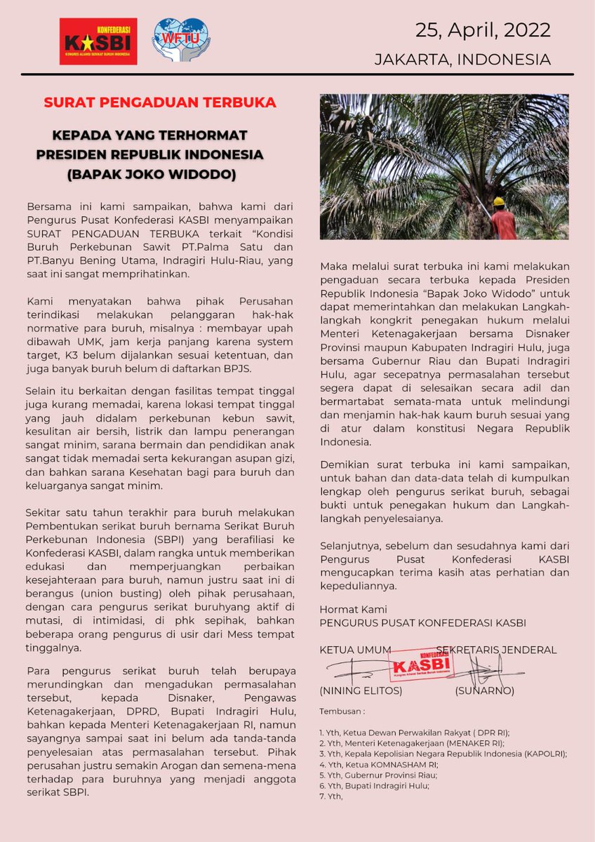 FSBN-KASBI Tangerang (@fsbnk) on Twitter photo KABAR BURUH !!
Surat Pengaduan Terbuka untuk Bapak <a href="/jokowi/">Joko Widodo</a> , segera selesaikan secara adil dan bermartabat untuk menjamin Hak-hak Kaum Buruh ..
Salam
Muda Berani Militan 🔥
#PerkebunanSawit KABAR BURUH !!
Surat Pengaduan Terbuka untuk Bapak <a href="/jokowi/">Joko Widodo</a> , segera selesaikan secara adil dan bermartabat untuk menjamin Hak-hak Kaum Buruh ..
Salam
Muda Berani Militan 🔥
#PerkebunanSawit