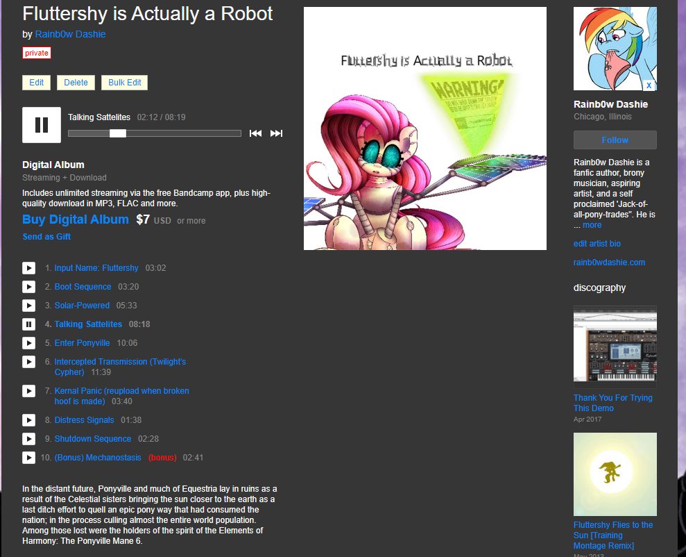 Rainb0w_Dashie's tweet photo. You know, I've had this avant-garde Electronic Ambient Concept Album project about a robotic flutterhsy in a sci-fi future wasteland on the backburner for a few years, only need to record one more song, Should I finish it? I've got concept art and everything!

#brony #mlp https://t.co/GNTuQZz5le