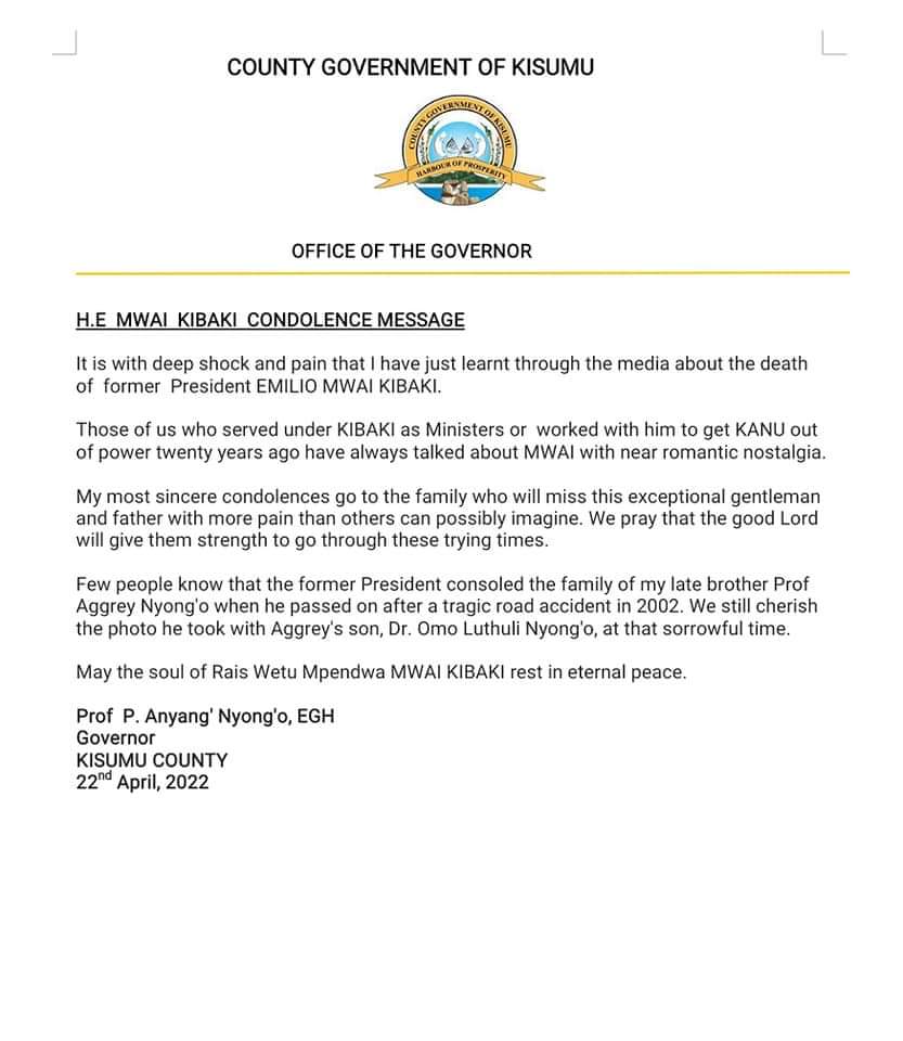 KisumuCountyKE's tweet photo. Condolence message by H.E. Governor @AnyangNyongo . #RIPPresident Mwai Kibaki https://t.co/f0xOEwy0WO