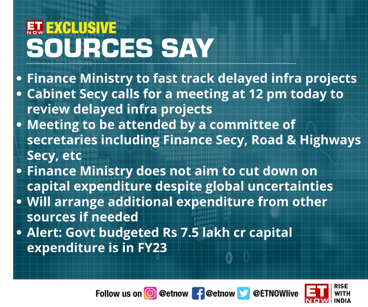 ETNOWlive's tweet image. #ETNOWExclusive | Cabinet Secy calls for a meeting with committee of secretaries at 12 pm to discuss the delayed #infrastructure projects and how to fast track it 

@Meghnamittal23 has the details 

@FinMinIndia @MORTHIndia @PMOIndia #InfraProjects