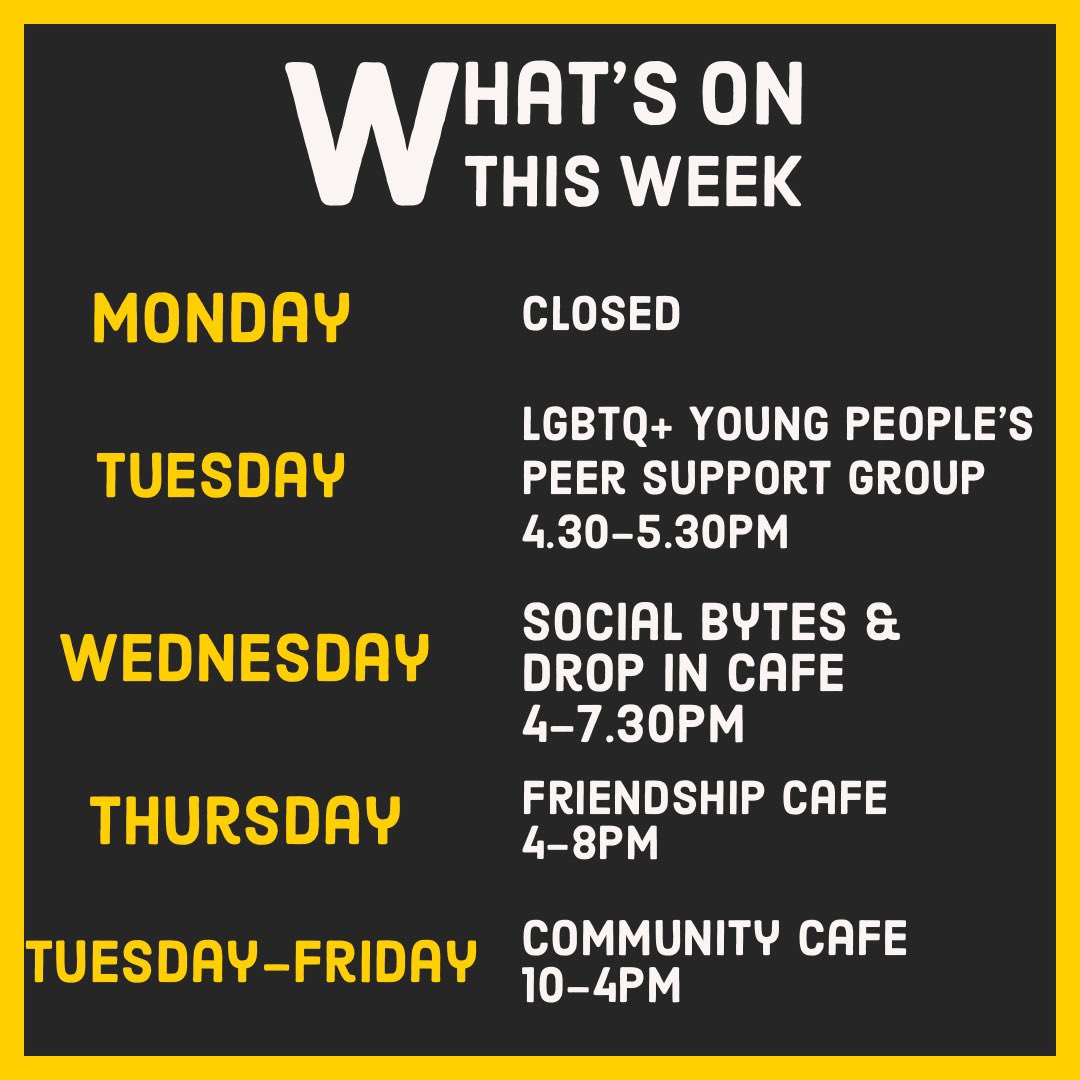 Lots happening this week. Something for everyone - individual group and peer based supports available. Reminder that for this week drop in is moved from Monday to Wednesday. Everyone Welcome #empoweringyouth #MentalHealthMatters #earlyintervention #accessiblesupport