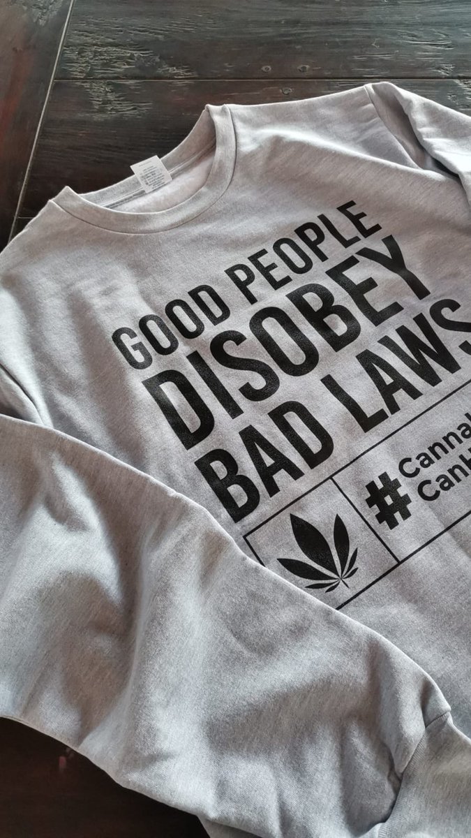 MerchOnDemandSA's tweet photo. Good People Disobey Bad Laws. #screenprinted in black on grey sweaters. Available at https://t.co/zejGx2JRMI. #cannabisculture #cannabisapparel #SouthAfrica #dagga #zol #WeedLovers #420 https://t.co/J0Dl1zGwGK