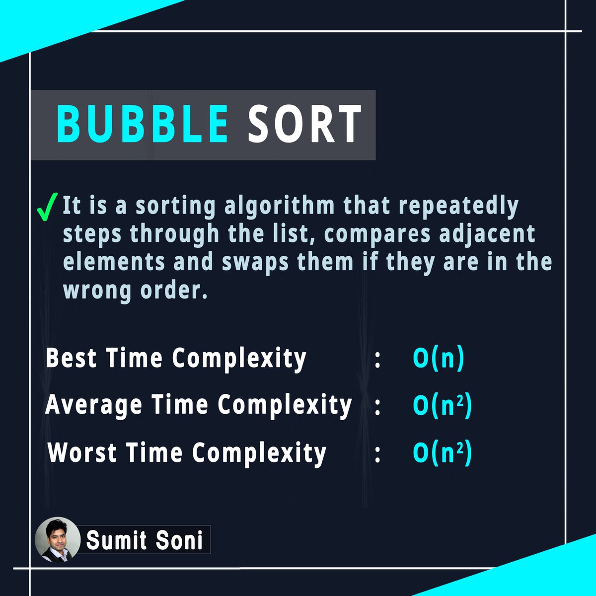 Time Complexity of Bubble Sort
Follow @_SoniSumit  for more such posts.

#linearsearch #datastructuresandalgorithms #dsa #cp #cpp #java #python #interviewtips