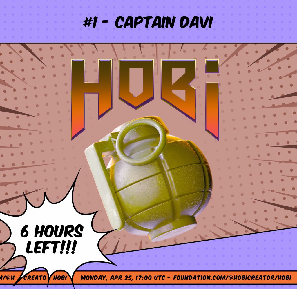 hobinft's tweet image. Hey soldiers 🥷

Just 6 HOURS to list HOBI on Foundation. 🔥

Don't miss out, visit our Foundation for more information and BUY IT.

MONDAY, Apr 25. 17:00 UTC. 💪

Join us on foundation: 

foundation.app/collection/hobi

#hobi #sol #nft #NFTGiveaways #solona #NFTProjects