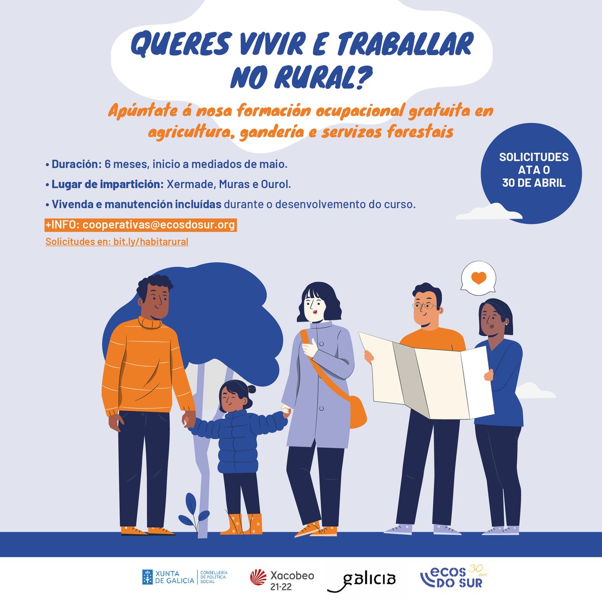 ecosdosur's tweet image. 😊O rural é vida. Boa vida. Contamos contigo para vivir e traballar no rural?
📲 Apúntate á nosa formación gratuita en agricultura, gandería e servizos forestais e pasa 6 meses aprendendo as claves para un proxecto de vida rural. ATA O 30 DE ABRIL: bit.ly/habitarural