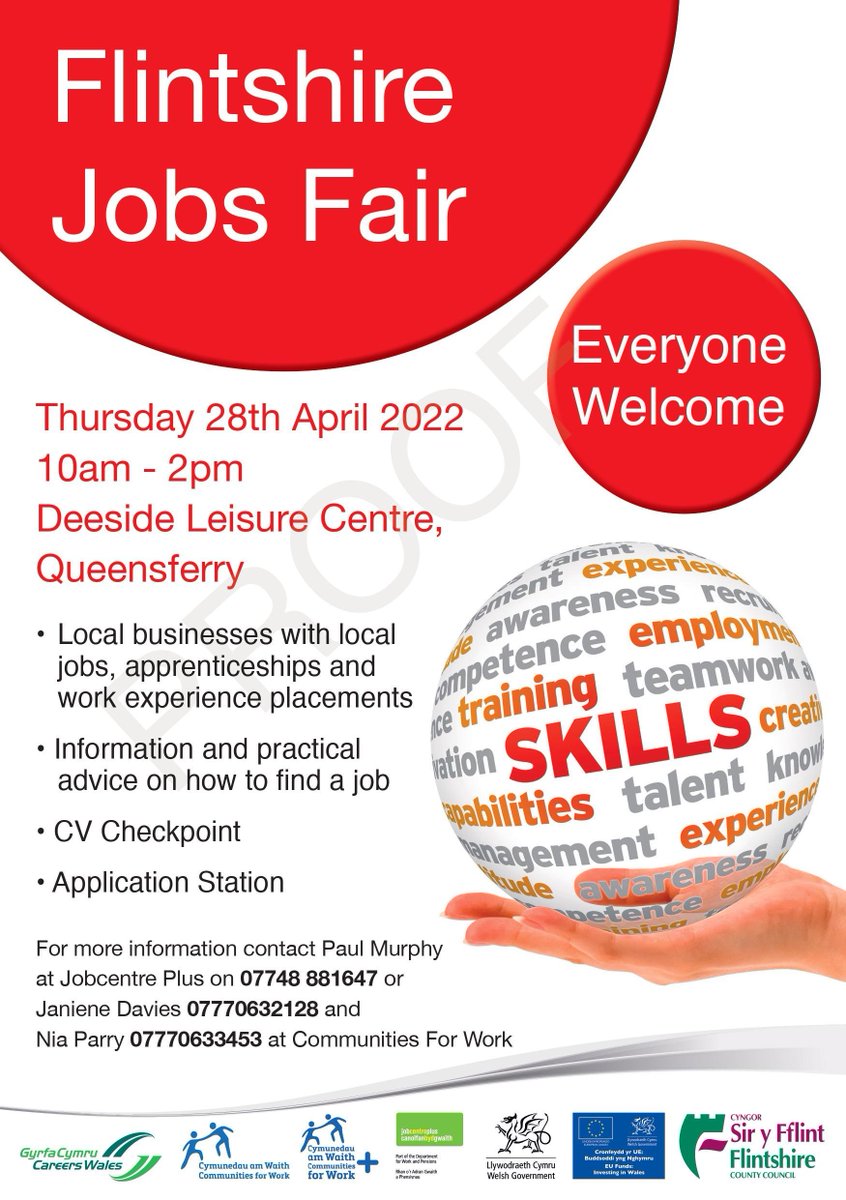 THIS THURSDAY!

Join us for our Jobs Fair at <a href="/DLC_IceRink/">Deeside Ice Arena - Arena lâ Glannau Dyfrdwy</a> - 50 local employers in attendance as well as jobs on offer

Don't miss it!