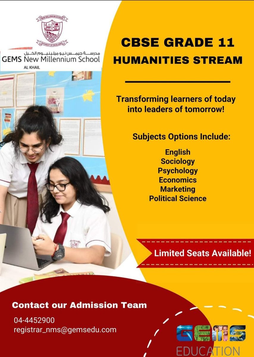 GEMS NMS Alkhail (@gemsnms_alkhail) on Twitter photo The enriched and innovative curriculum <a href="/gemsnms_alkhail/">GEMS NMS Alkhail</a> for our promising Humanities Stream is Exponential, Empowering, and Experiential. Hurry Up & Enrol Now For AY 2022-2023!
Limited seats! Contact us on 04-4452900
<a href="/Fatima_Martin/">Fatima Martin</a> The enriched and innovative curriculum <a href="/gemsnms_alkhail/">GEMS NMS Alkhail</a> for our promising Humanities Stream is Exponential, Empowering, and Experiential. Hurry Up & Enrol Now For AY 2022-2023!
Limited seats! Contact us on 04-4452900
<a href="/Fatima_Martin/">Fatima Martin</a>