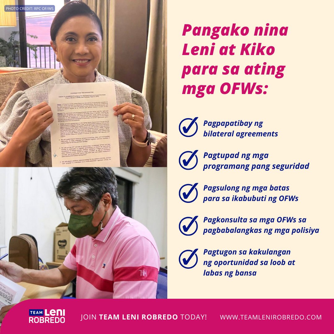 buildpilipinas's tweet photo. Matibay ang paniniwala ni Leni Robredo na ang pangingibang-bansa ay dapat maging desisyon ayon sa kagustuhan at hindi dahil sa pangangailangan. At naniniwala rin siya na kaya nating abutin ito! 🙌  Kaya naman handa na ang kanyang mga plano para sa ating mga kababayan abroad! 🌏 https://t.co/YWnTLxtMMP