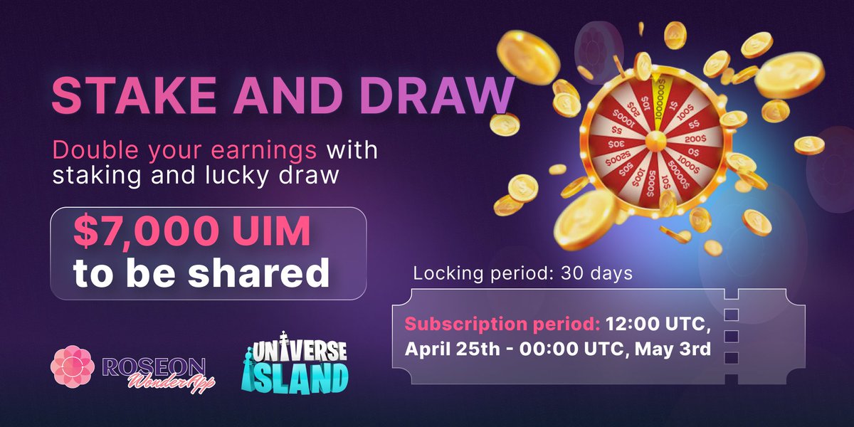 RoseonExchange's tweet photo. In partnership with @_UNIVERSEISLAND we are bringing back Stake and Draw!

1️⃣Stake $UIM during the subscription 📅.
2️⃣Earn $UIM within the 30D 🔒 period.
3️⃣After 30D, system will will select winners of extra 💸💸.

❗❗The higher you stake, the higher your chance of winning! https://t.co/2LjOBXuB07