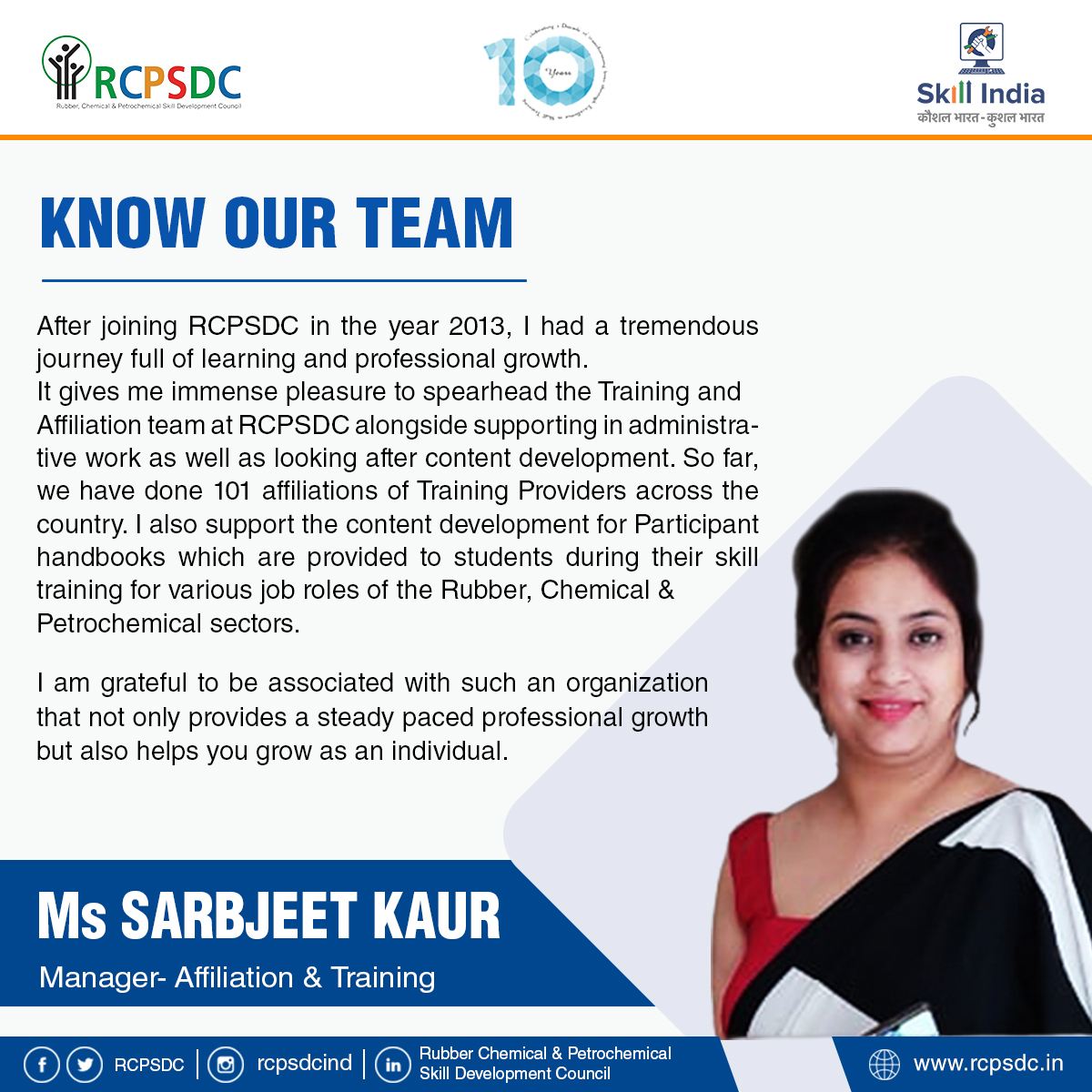 RCPSDC's tweet photo. 𝗞𝗻𝗼𝘄 𝗢𝘂𝗿 𝗧𝗲𝗮𝗺 - Here is another woman of mettle in RCPSDC team. For several years Ms Sarbjeet Kaur has been a part of Training and Affiliation team.
#RCPSDC #10YearsJourney #KnowOurTeam https://t.co/0wB6P7gyn5