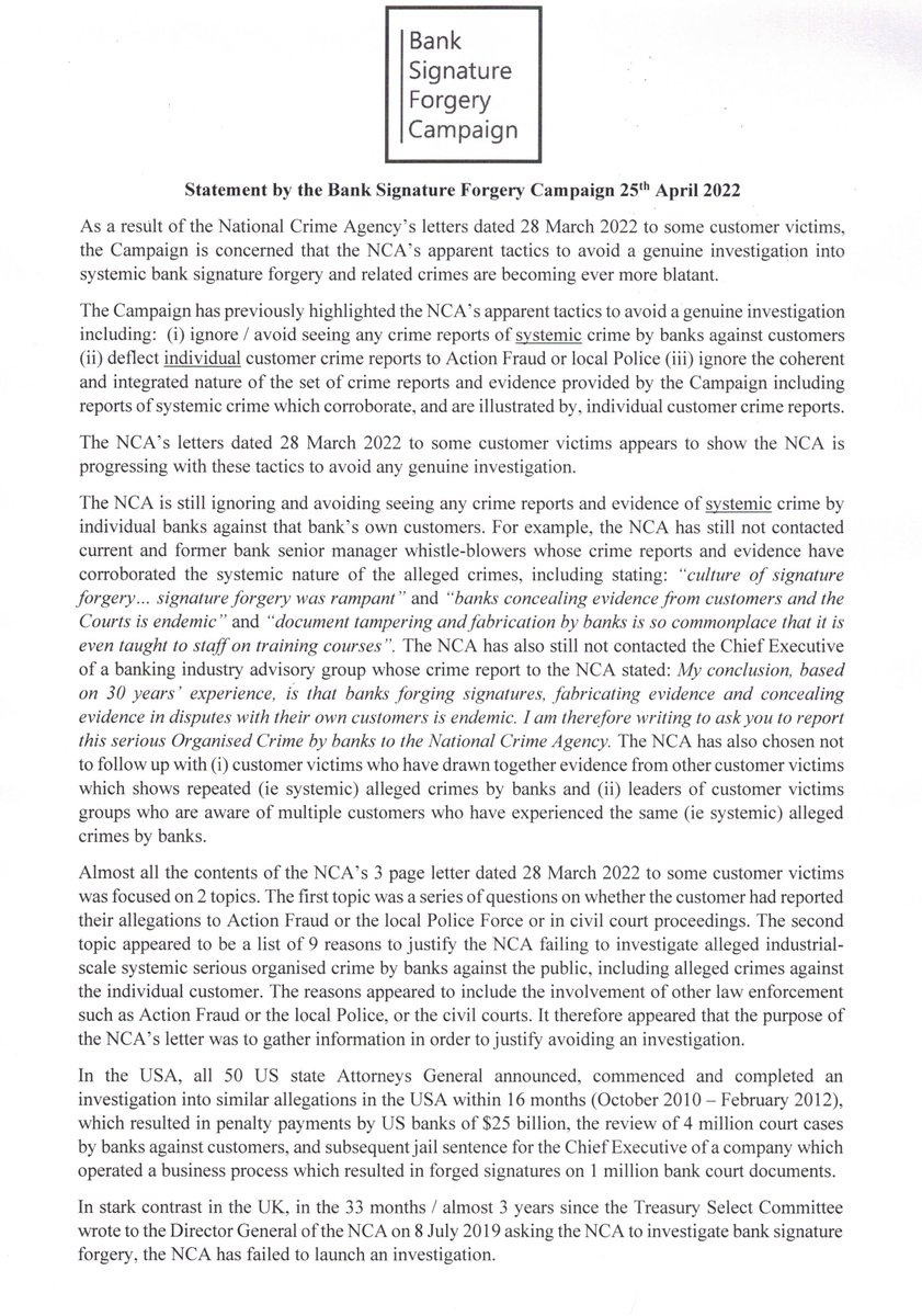 Campaign update: as a result of the NCA’s latest letters to some customer victims, the Campaign is concerned that the NCA’s apparent tactics to avoid any genuine investigation into alleged systemic serious organised crime by banks against the public are becoming ever more blatant