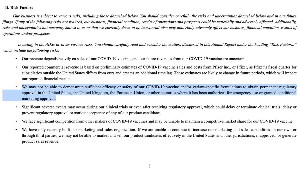 #BioNTech dice en su informe anual a la Comisión de Bolsa y Valores de #EEUU que la eficacia de su actual vacuna #mRNA para el #COVID puede no ser suficiente para la aprobación regulatoria permanente. #Omicron #OmicronXE @You3_JP @FrayJosepho