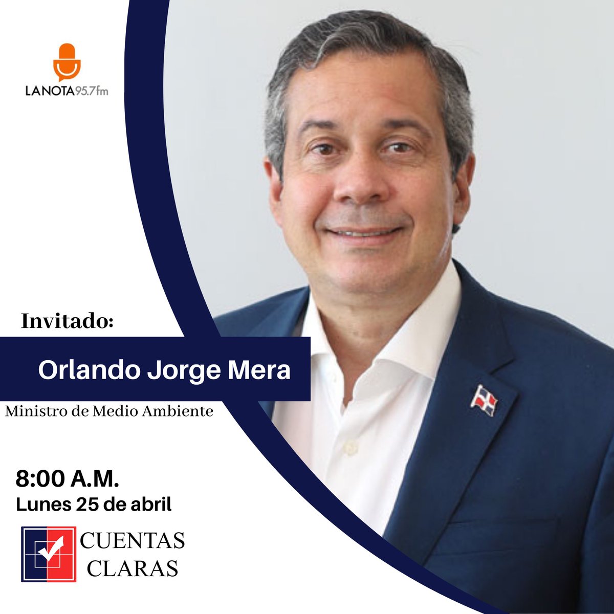 Buen día ☀️ 

Hoy nos visita el Ministro de Medio Ambiente, Orlando Jorge Mera (<a href="/orlandojm/">Orlando Jorge Mera</a> ) en la #entrevistadeldía 

Te invitamos a compartir con nosotros por la frecuencia 95.7 F.M. 

<a href="/JoseMonegro/">José P. Monegro</a> <a href="/luisrgarcia15/">Luis García</a> <a href="/germanmarte4/">German Marte</a> <a href="/LopezMorrobel/">Hugo López Morrobel</a> <a href="/wilkindelacruz/">Wilkin de la Cruz</a> <a href="/GomezJR02/">Juan Gomez</a>