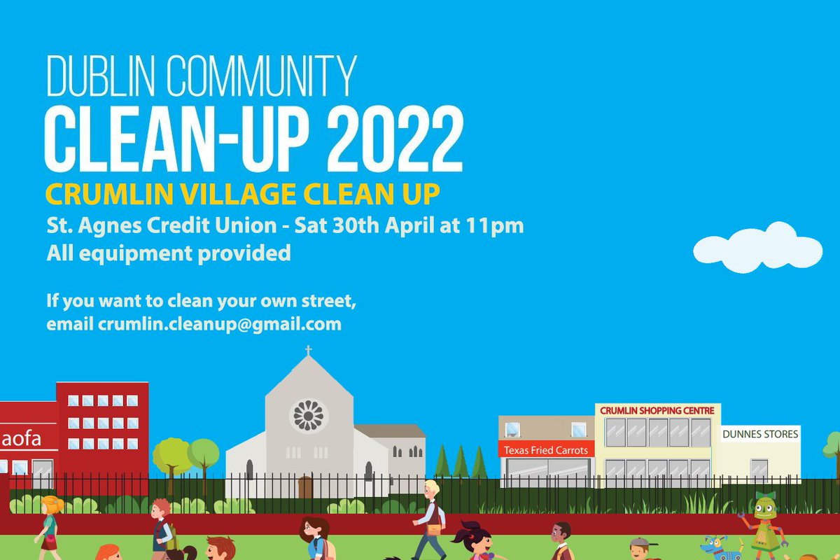This Saturday, 30th April, join us for #springclean22 & #teamdublincleanup 
Meeting at 11am at the Credit Union in Crumlin Village. 
All welcome and all equipment provided 
🌳🌳🌷🏵️🌼🌳🌳